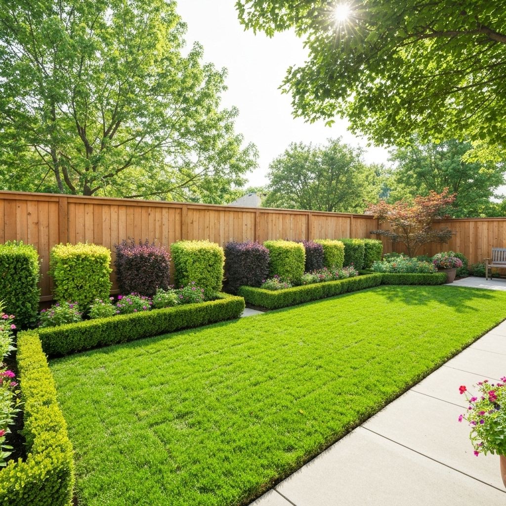 The same backyard after professional landscaping with lush green lawn, trimmed hedges, and beautiful garden beds.