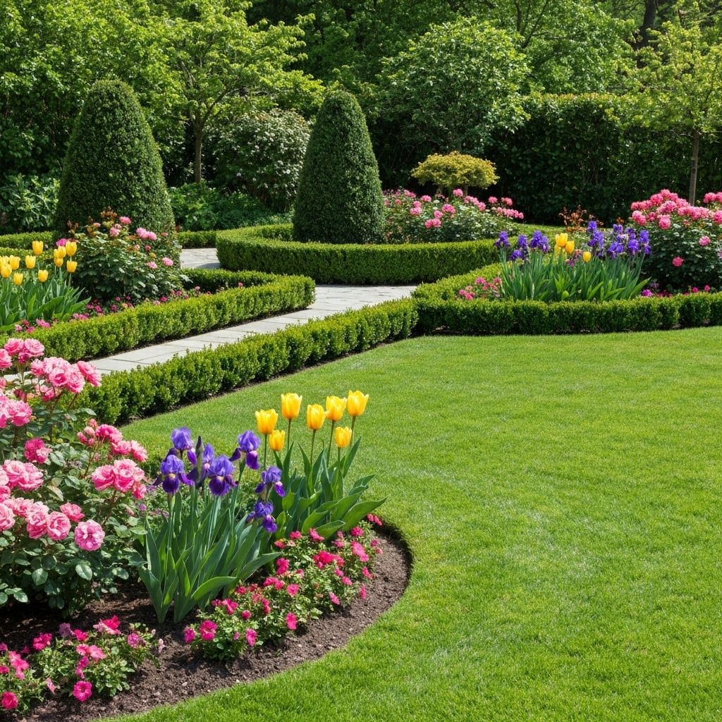 Professional landscaping with manicured lawn, vibrant flower beds, and beautiful garden design.
